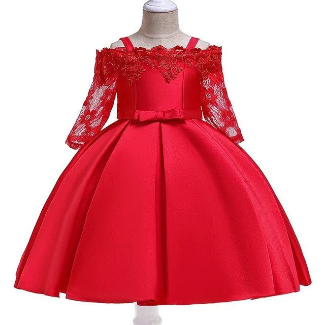 Simple lace-trimmed children's dress in deep red, available in toddler and child sizes.