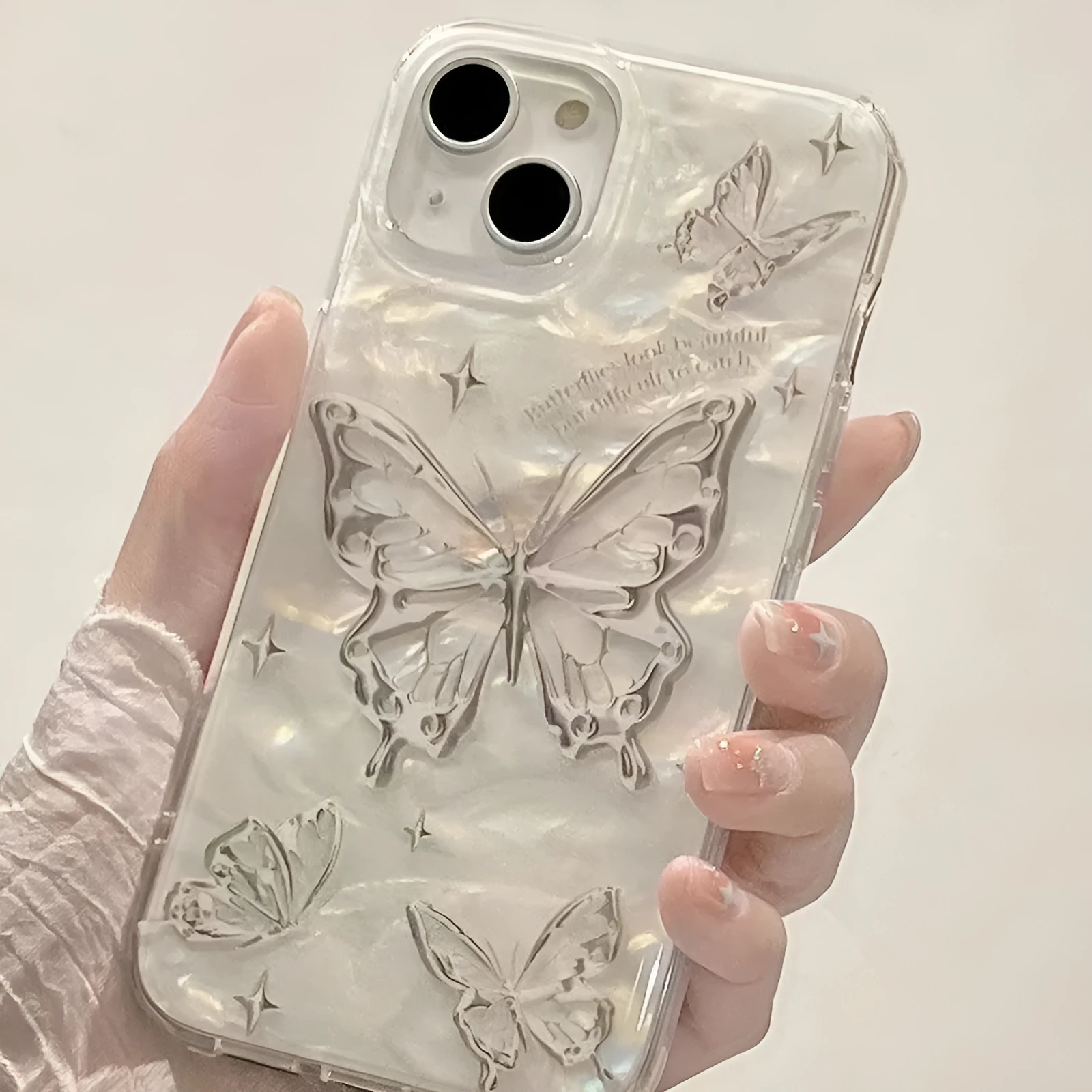Transparent TPU phone case with butterfly English tape shell paper design and large hole cutout for Apple iPhone