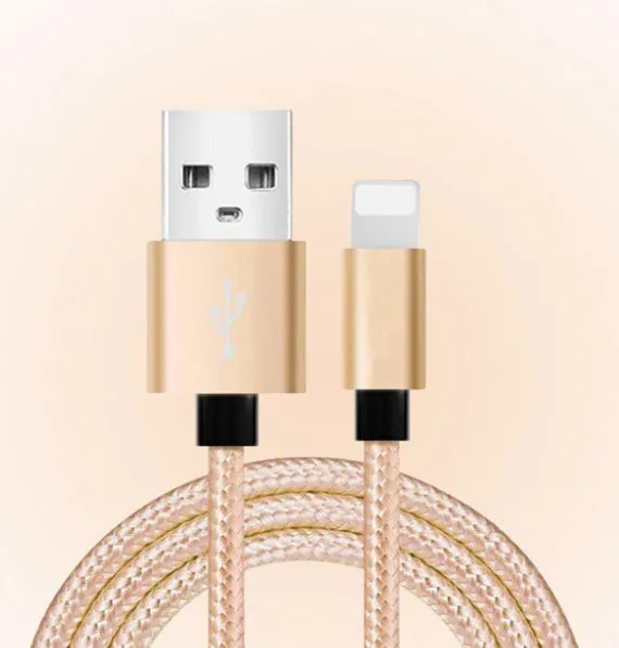 Nylon woven data cable in gold colour, compatible with Apple and Android, 1m length