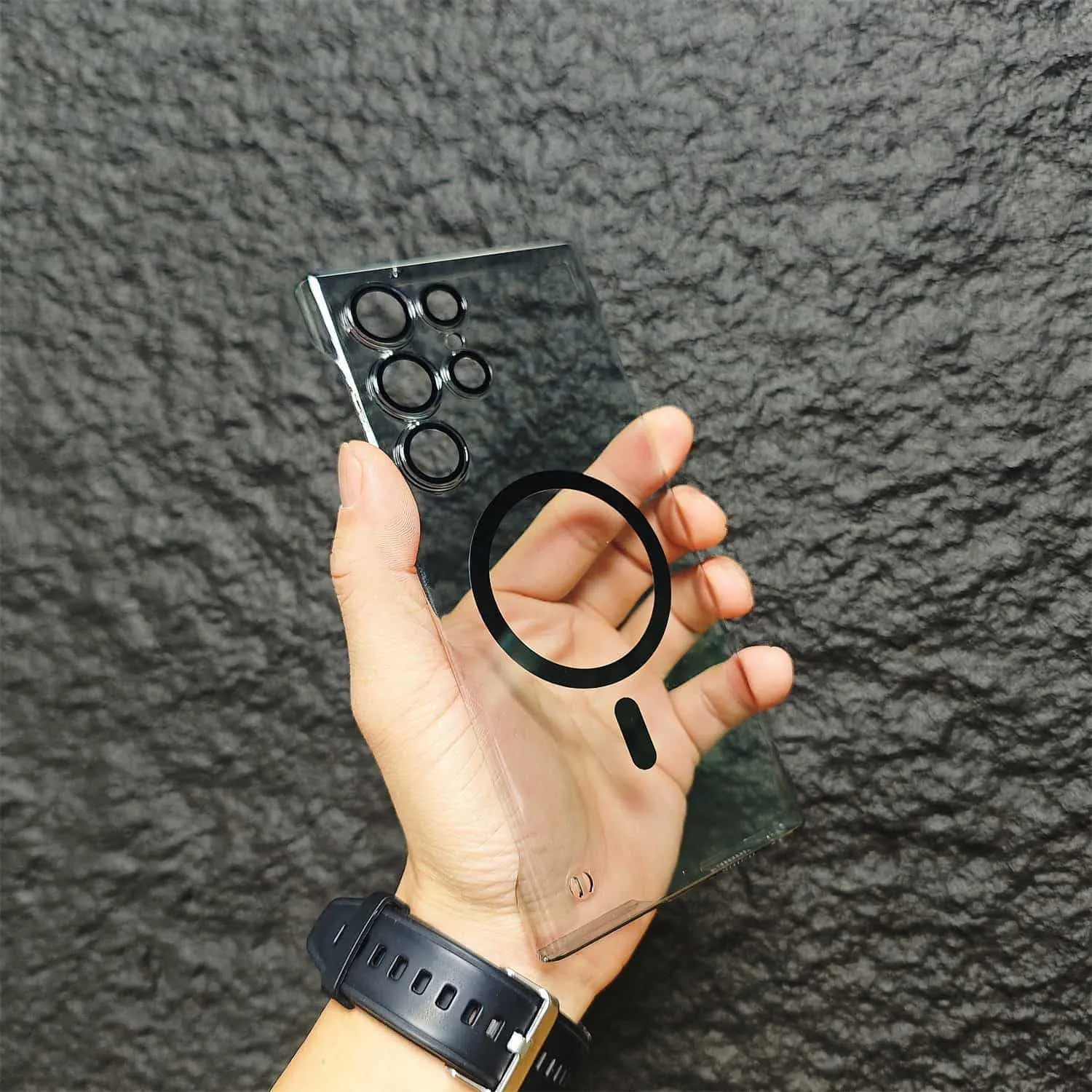 Frameless magnetic suction Samsung phone case with built-in lens protector in matte black finish
