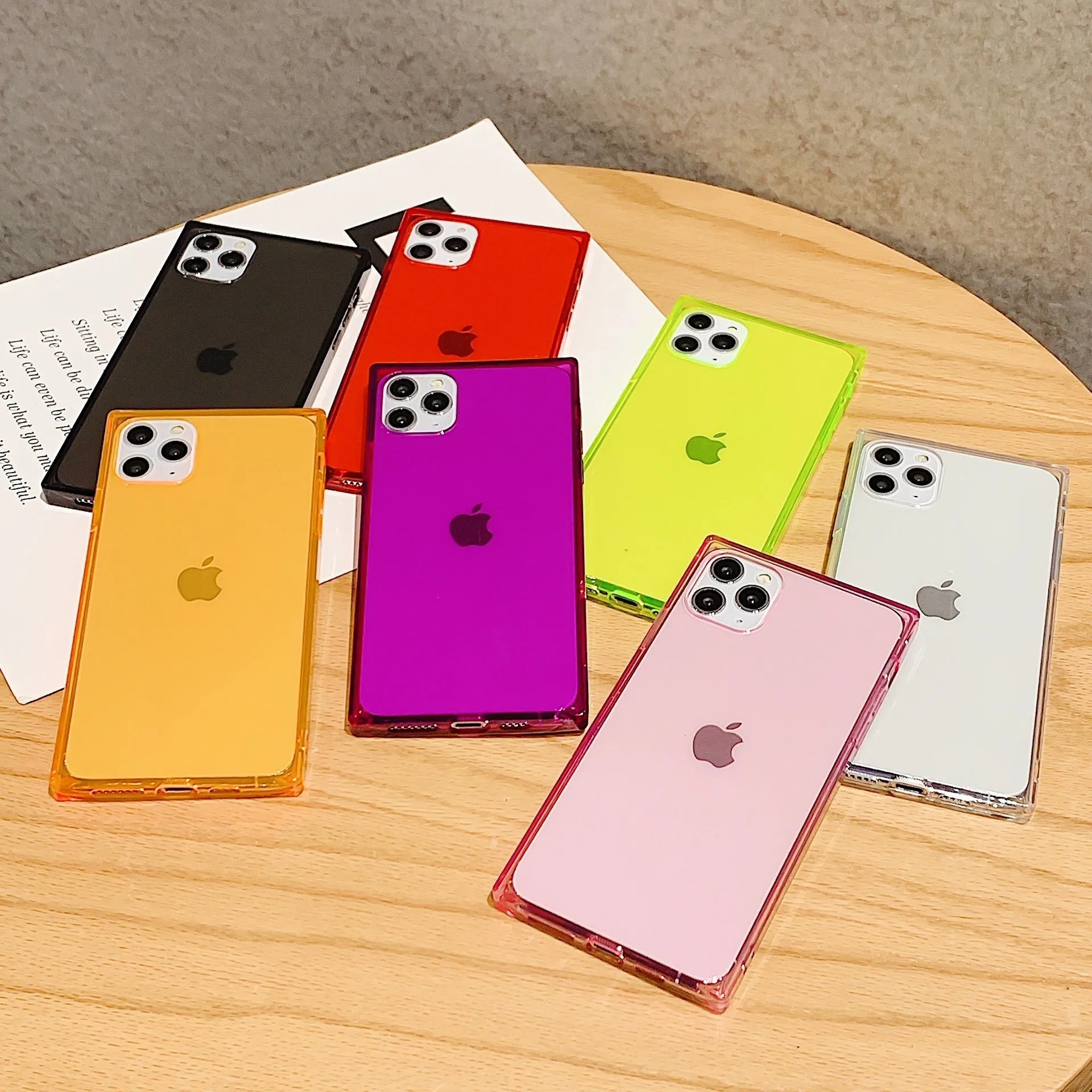 Square transparent TPU phone case for iPhone, anti-fall cover, available in black, transparent, red, pink, purple, green, orange