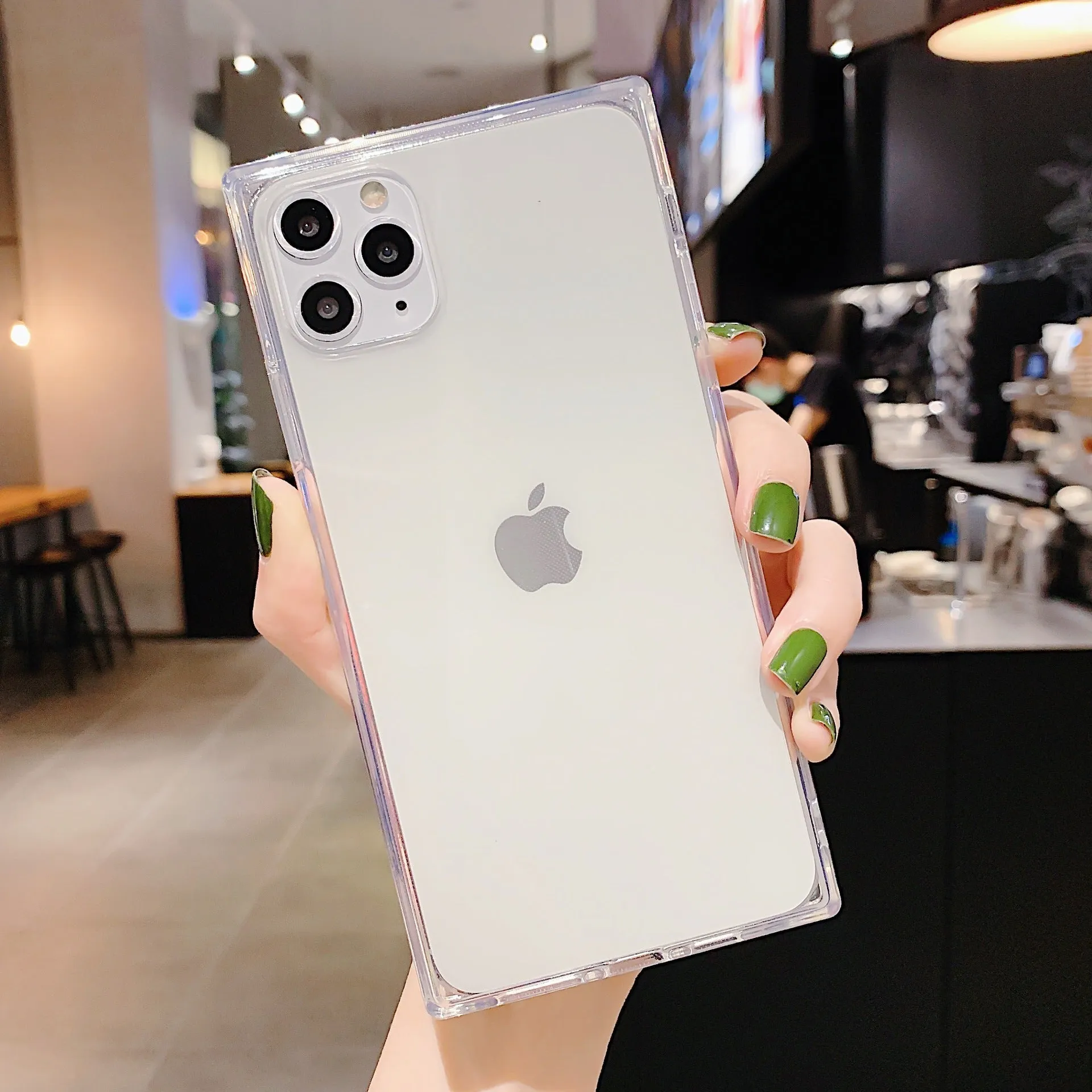Square transparent TPU phone case for iPhone, anti-fall cover, available in black, transparent, red, pink, purple, green, orange