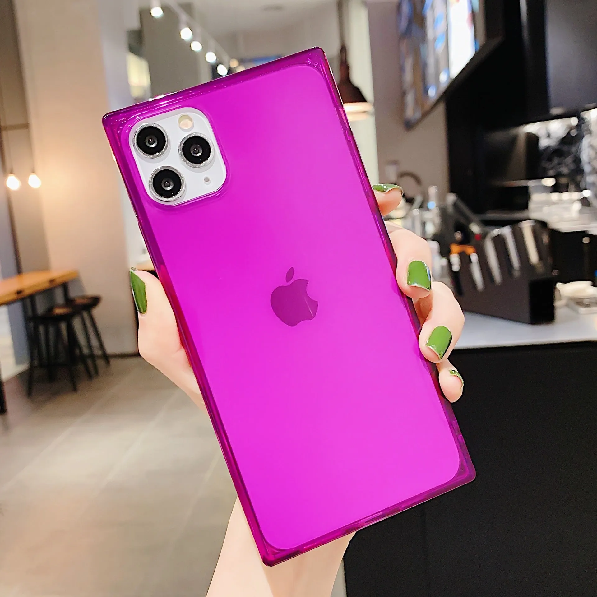 Square transparent TPU phone case for iPhone, anti-fall cover, available in black, transparent, red, pink, purple, green, orange