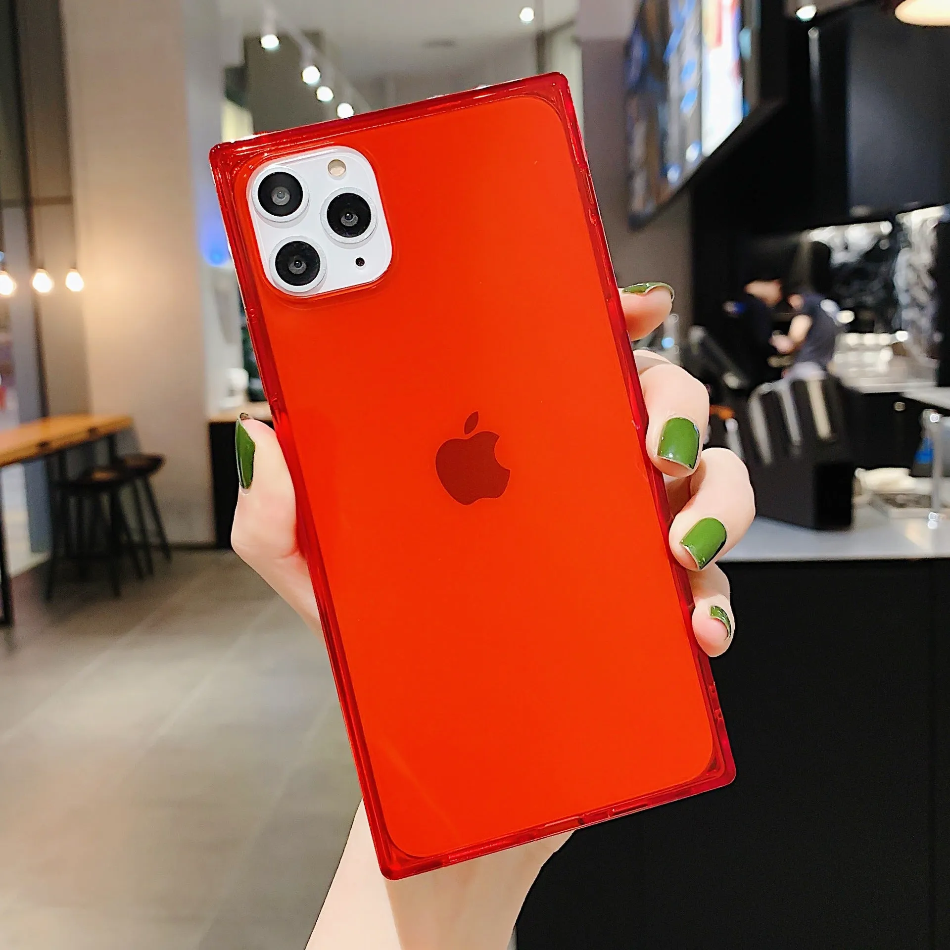 Square transparent TPU phone case for iPhone, anti-fall cover, available in black, transparent, red, pink, purple, green, orange