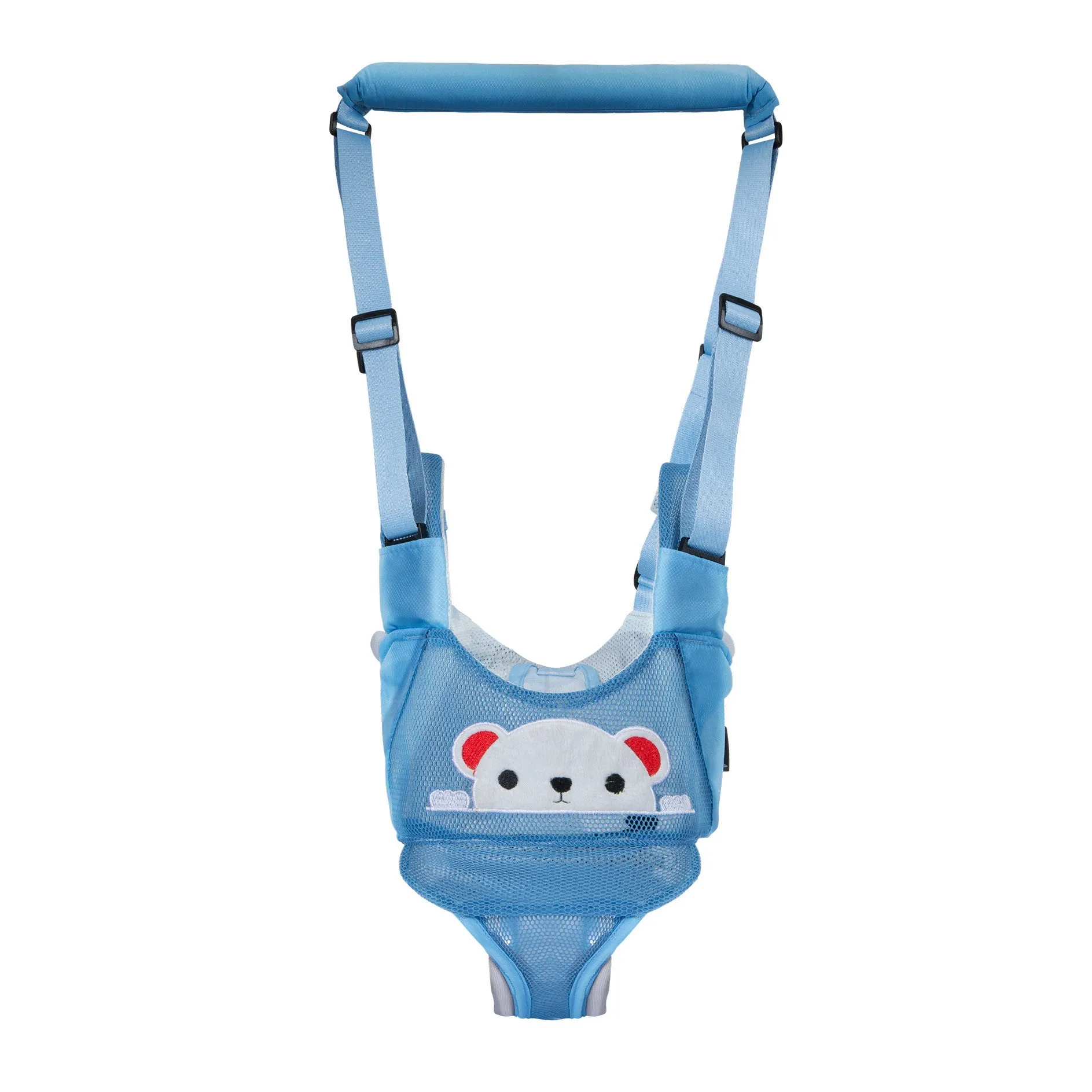 Baby walking harness belt in cotton with adjustable lift and pull functions for toddler walking practice