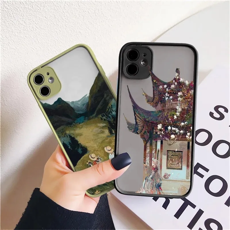 Vintage cartoon scenery girl print phone case for iPhone 13 series, showing retro illustration