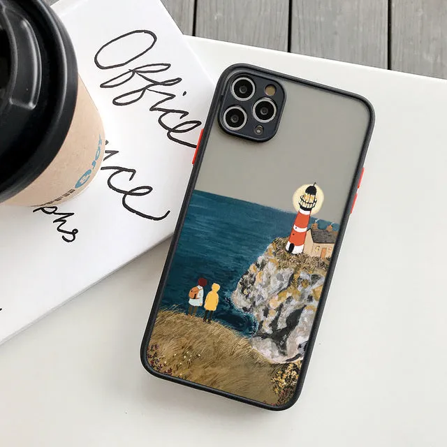Vintage cartoon scenery girl print phone case for iPhone 13 series, showing retro illustration