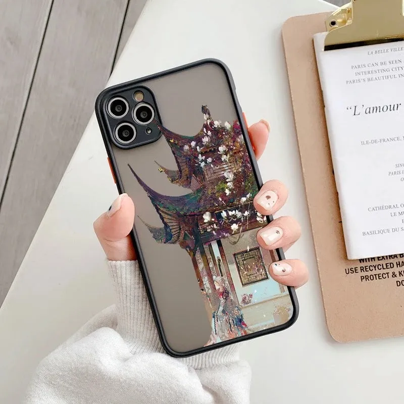 Vintage cartoon scenery girl print phone case for iPhone 13 series, showing retro illustration