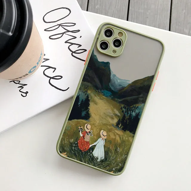 Vintage cartoon scenery girl print phone case for iPhone 13 series, showing retro illustration