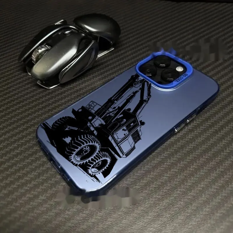 iPhone 16 Pro hard PC phone case with blue laser excavator design and smooth finish