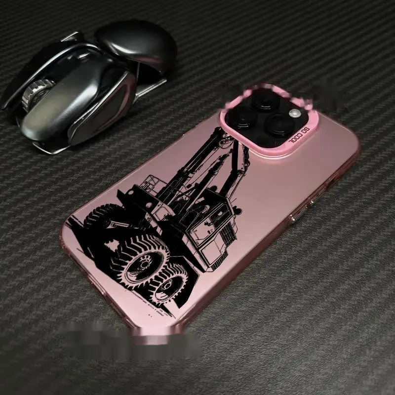 iPhone 16 Pro hard PC phone case with blue laser excavator design and smooth finish