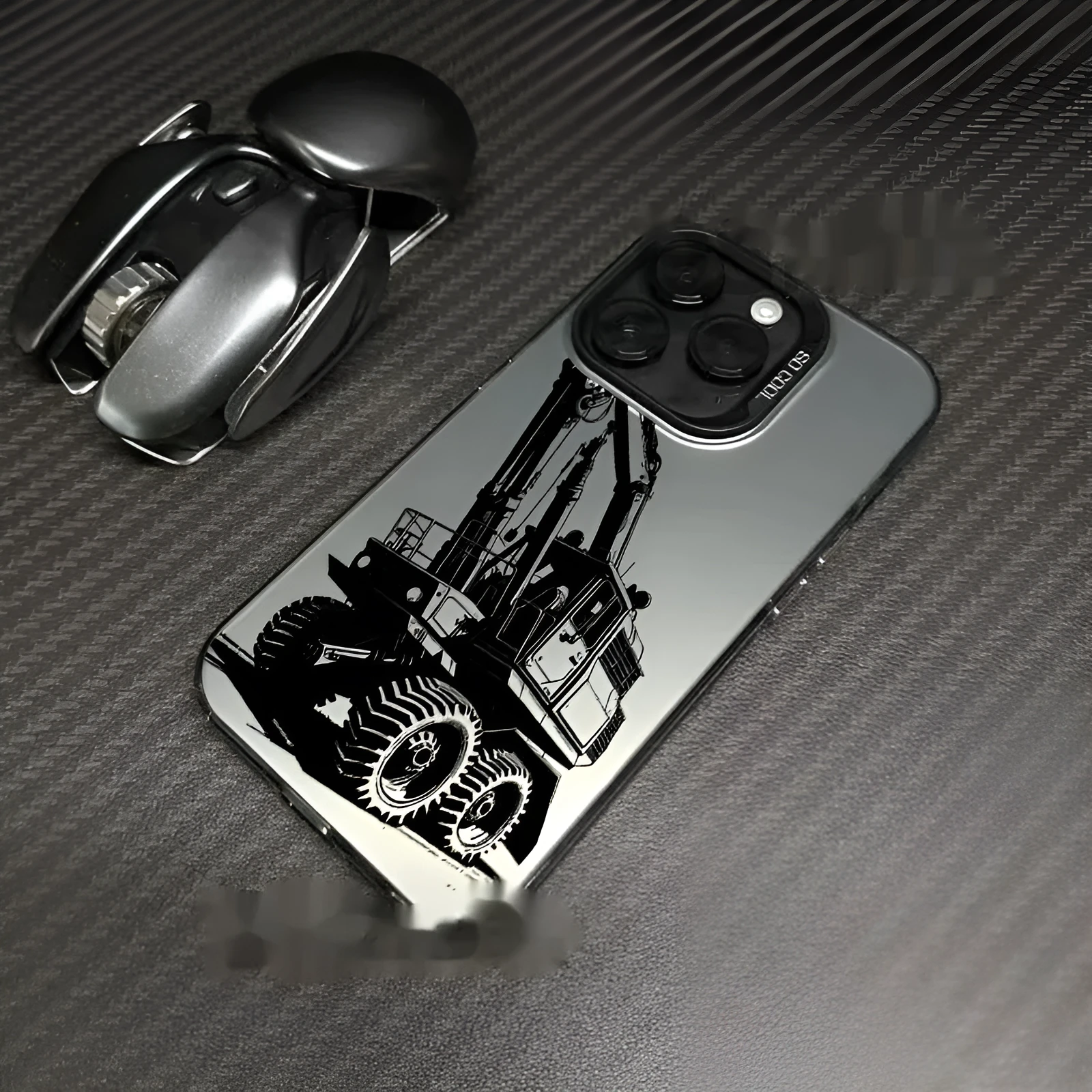 iPhone 16 Pro hard PC phone case with blue laser excavator design and smooth finish