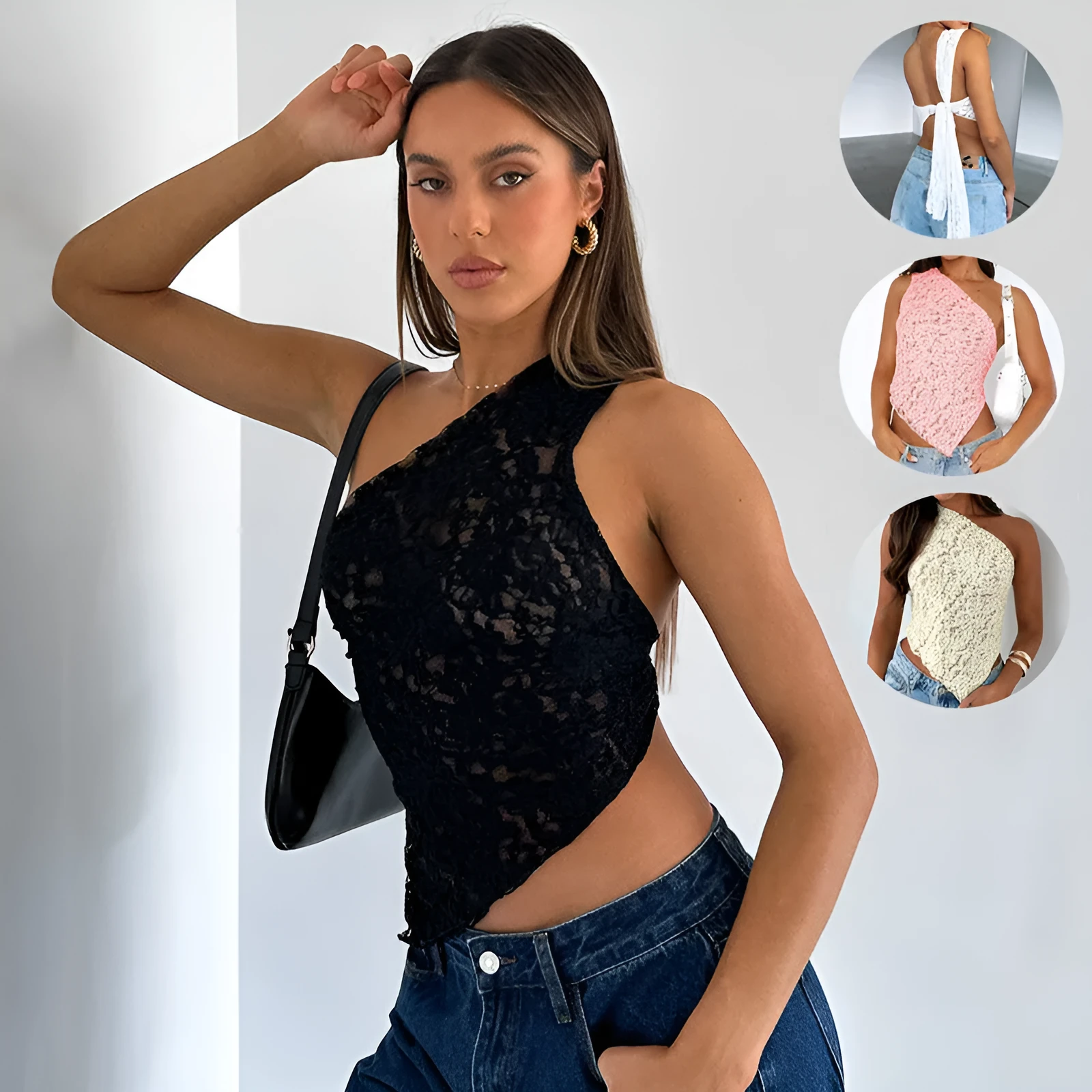 Women's backless sleeveless top with lace-up closure and asymmetrical neckline in solid colour