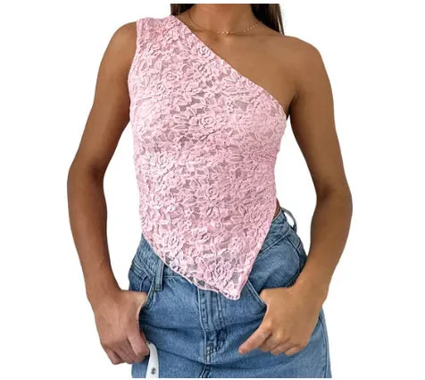 Women's backless sleeveless top with lace-up closure and asymmetrical neckline in solid colour