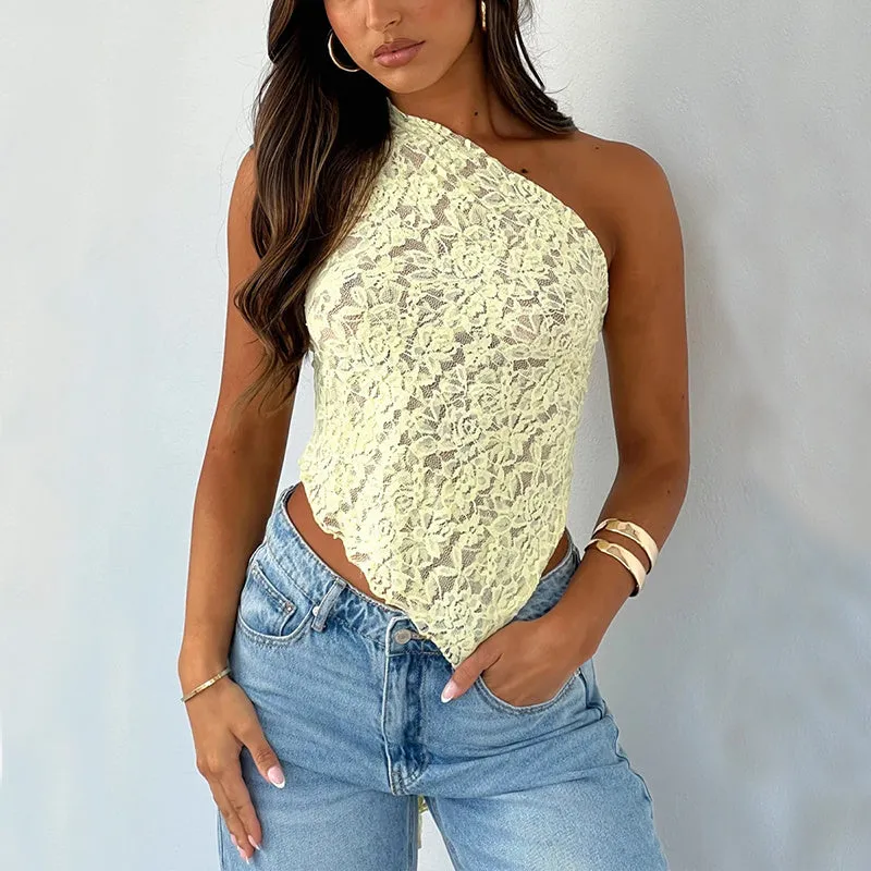 Women's backless sleeveless top with lace-up closure and asymmetrical neckline in solid colour