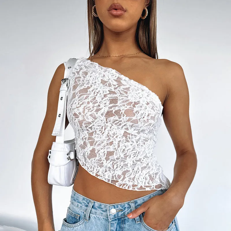 Women's backless sleeveless top with lace-up closure and asymmetrical neckline in solid colour