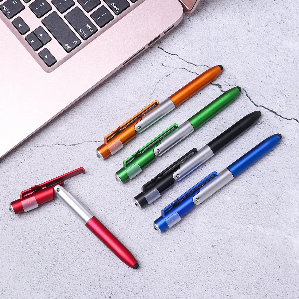 4-in-1 folding light pen mobile phone holder showing pen, phone stand, and LED light functions