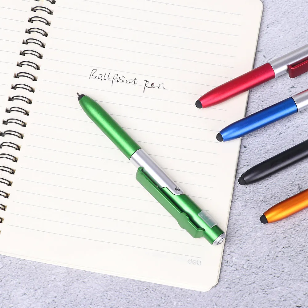 4-in-1 folding light pen mobile phone holder showing pen, phone stand, and LED light functions
