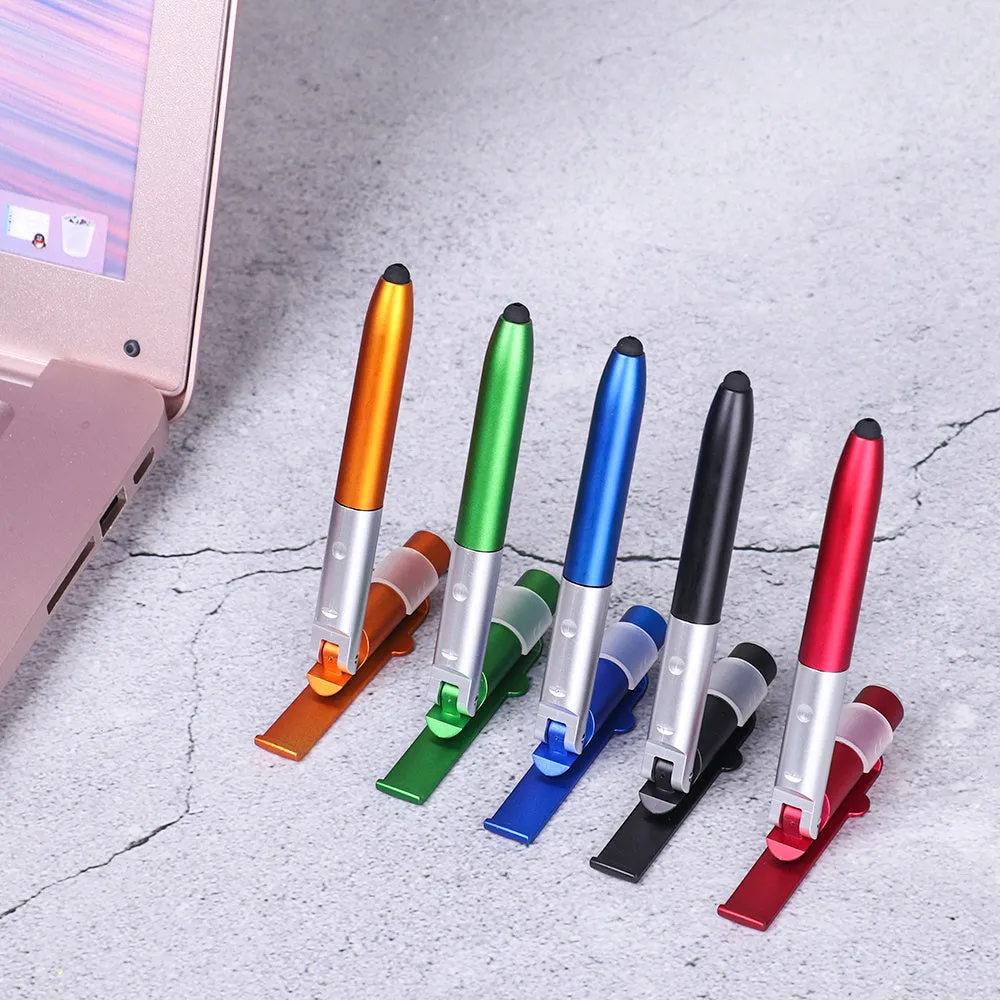 4-in-1 folding light pen mobile phone holder showing pen, phone stand, and LED light functions