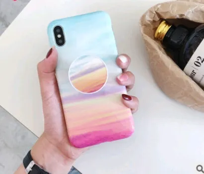 Retro flower marble pattern silicone iPhone case with telescopic bracket in white