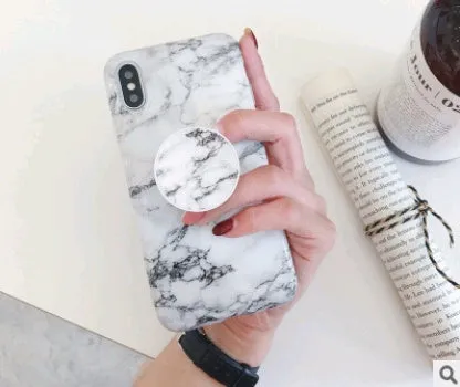 Retro flower marble pattern silicone iPhone case with telescopic bracket in white