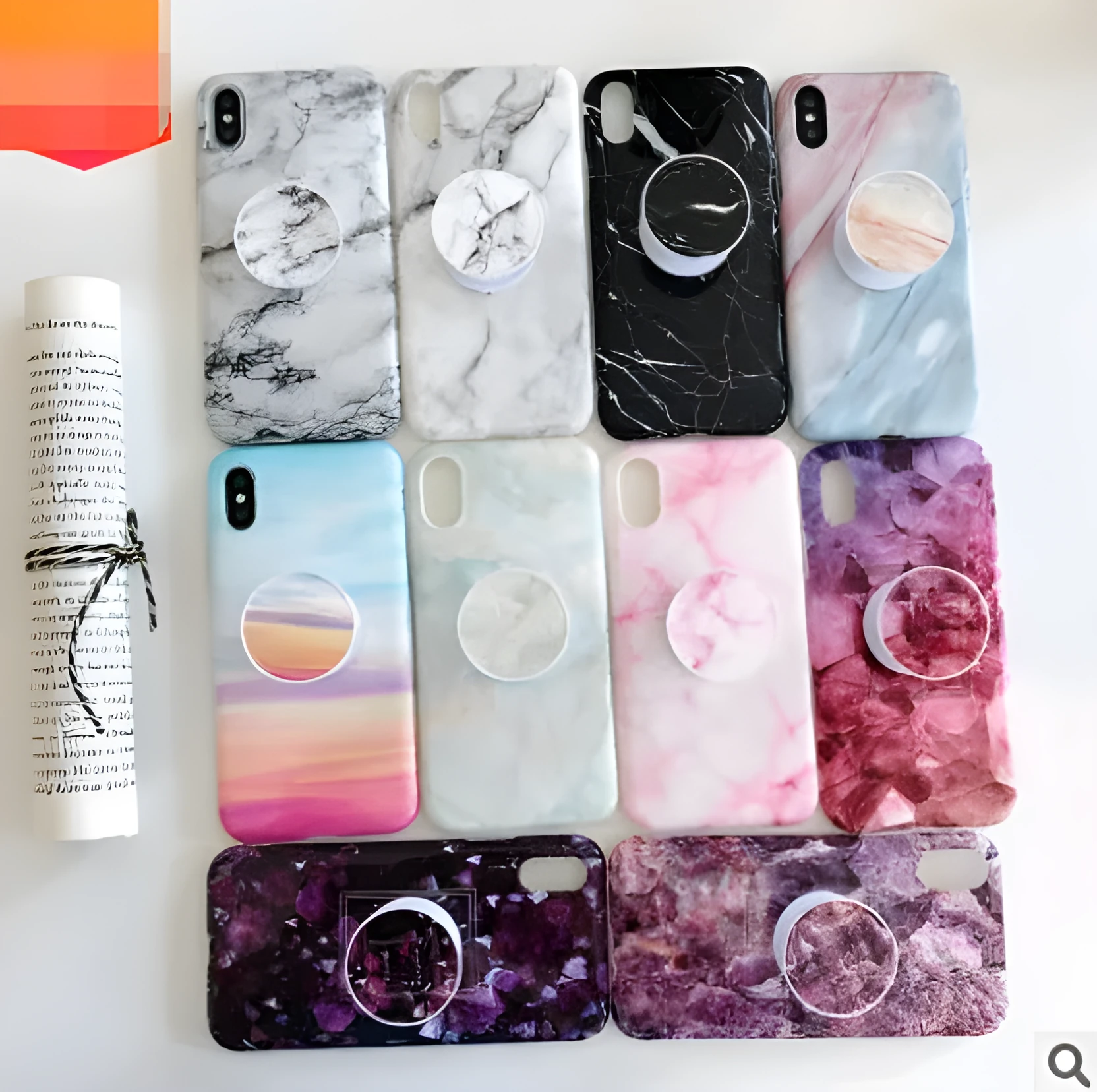 Retro flower marble pattern silicone iPhone case with telescopic bracket in white