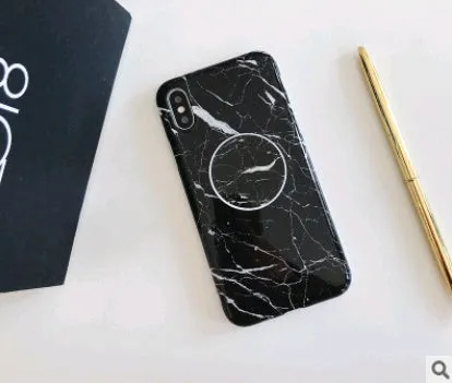 Retro flower marble pattern silicone iPhone case with telescopic bracket in white