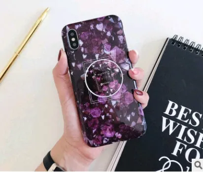 Retro flower marble pattern silicone iPhone case with telescopic bracket in white