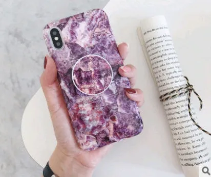 Retro flower marble pattern silicone iPhone case with telescopic bracket in white
