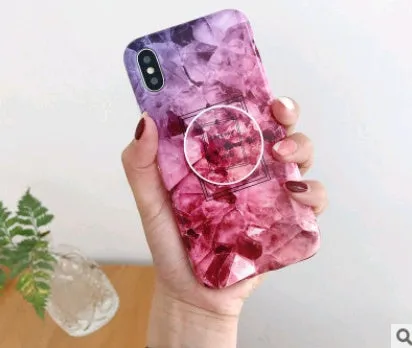 Retro flower marble pattern silicone iPhone case with telescopic bracket in white
