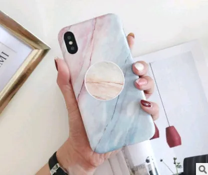 Retro flower marble pattern silicone iPhone case with telescopic bracket in white