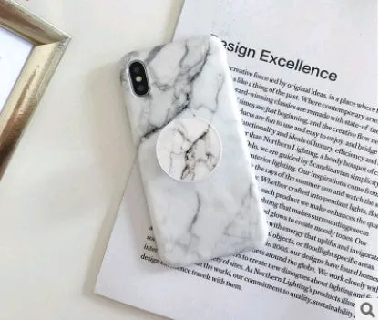 Retro flower marble pattern silicone iPhone case with telescopic bracket in white