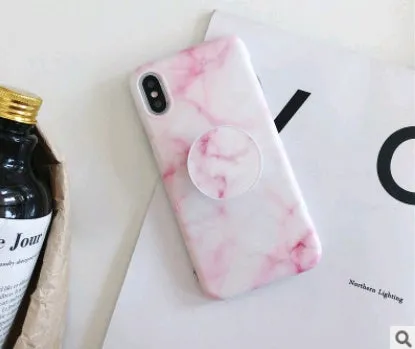 Retro flower marble pattern silicone iPhone case with telescopic bracket in white