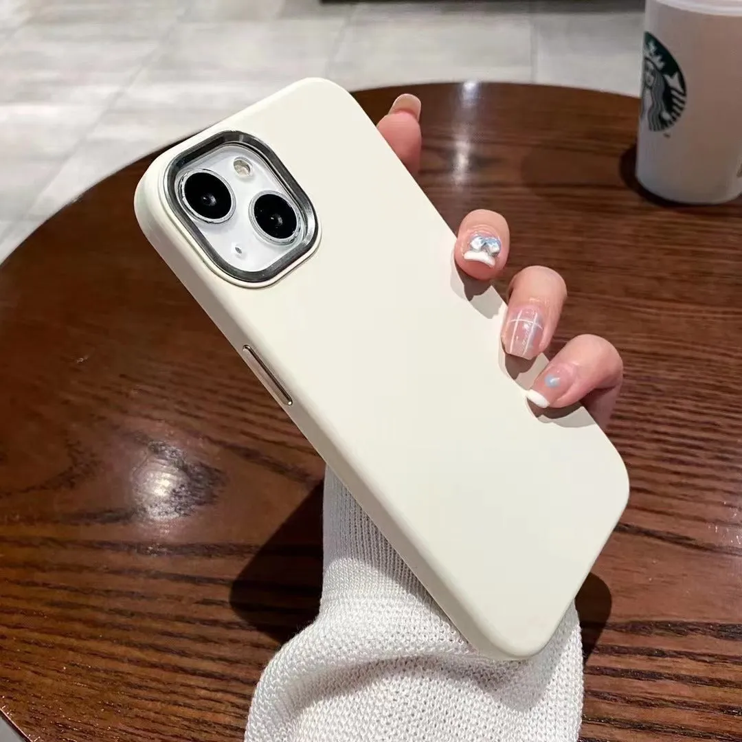 Full-cover liquid silicone metal phone case for iPhone 12 13 14 in Antique White colour