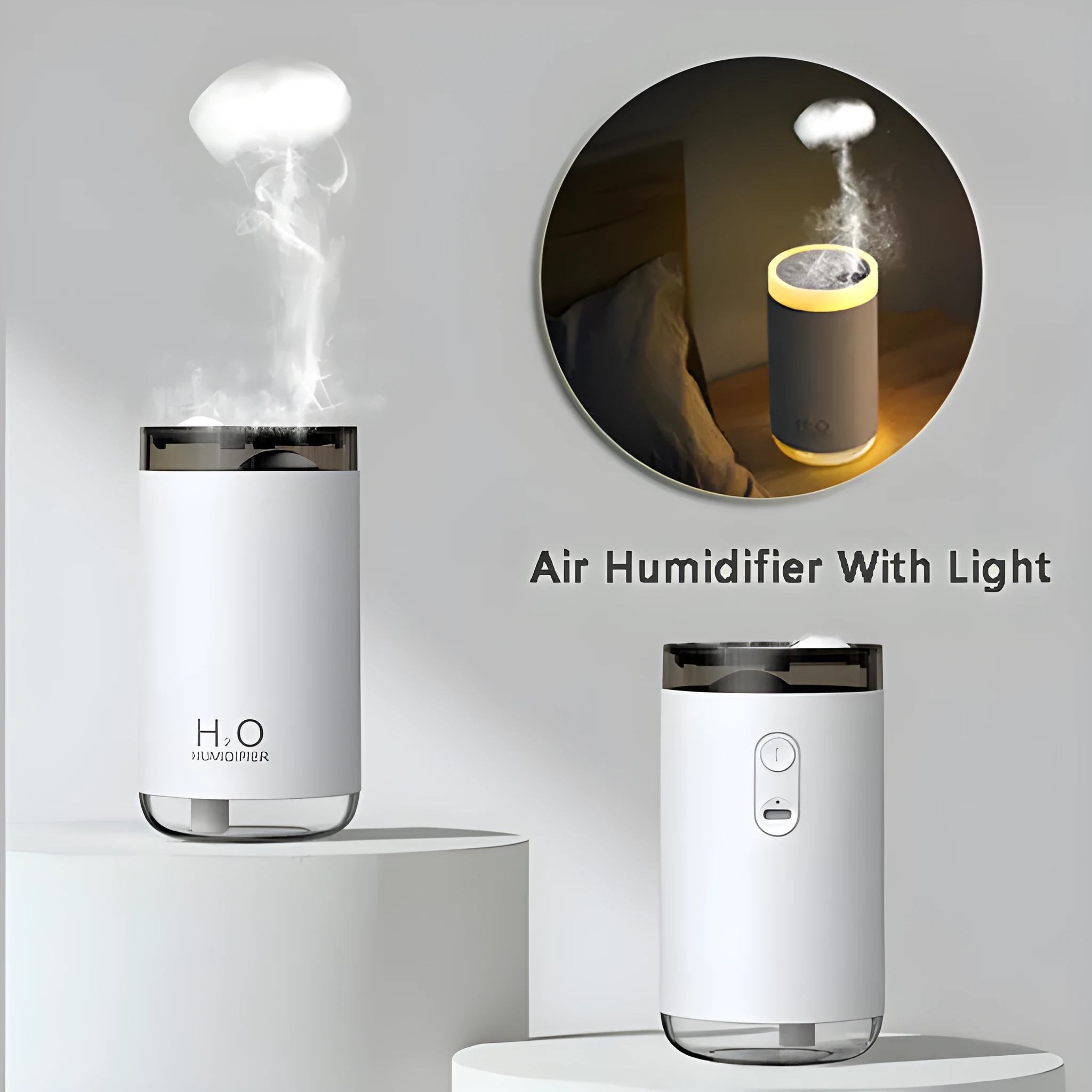 White jellyfish-shaped USB humidifier with warm night light on wooden surface