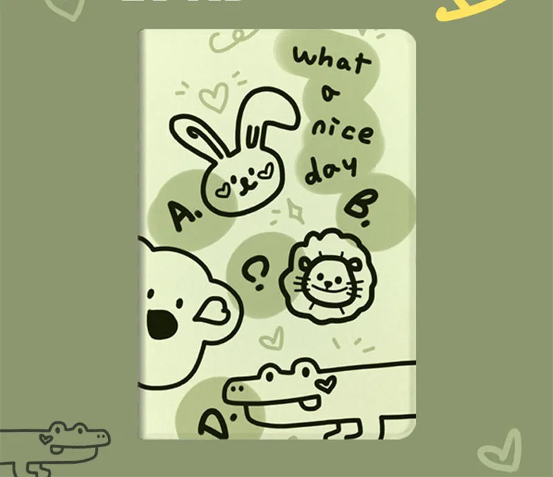 Korean cartoon flip iPad case in Matcha Zoo design, imitation leather, fitted on an iPad showing the front cover with sleep function