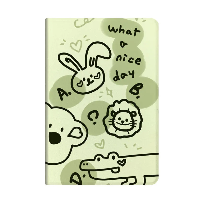 Korean cartoon flip iPad case in Matcha Zoo design, imitation leather, fitted on an iPad showing the front cover with sleep function