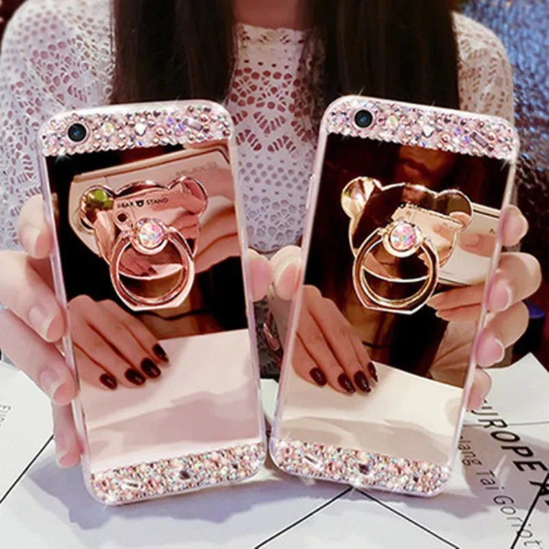 Handmade rhinestone silicone phone case for iPhone 13 in rose gold