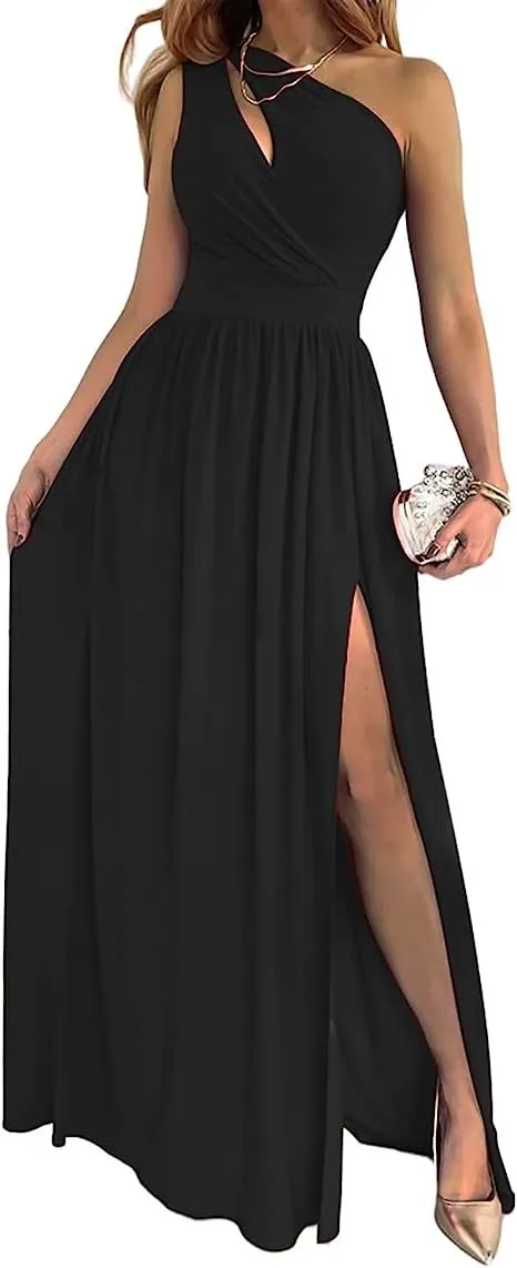 Women's one shoulder sleeveless maxi dress with high side split cutout in soft fabric.