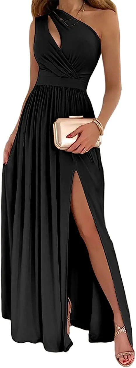 Women's one shoulder sleeveless maxi dress with high side split cutout in soft fabric.