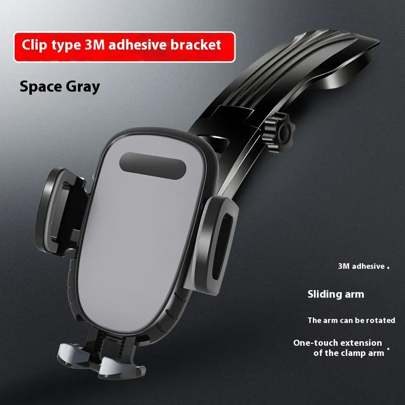 Black car centre console magnetic suction cup phone holder with slide rail and automatic lock mounted on dashboard