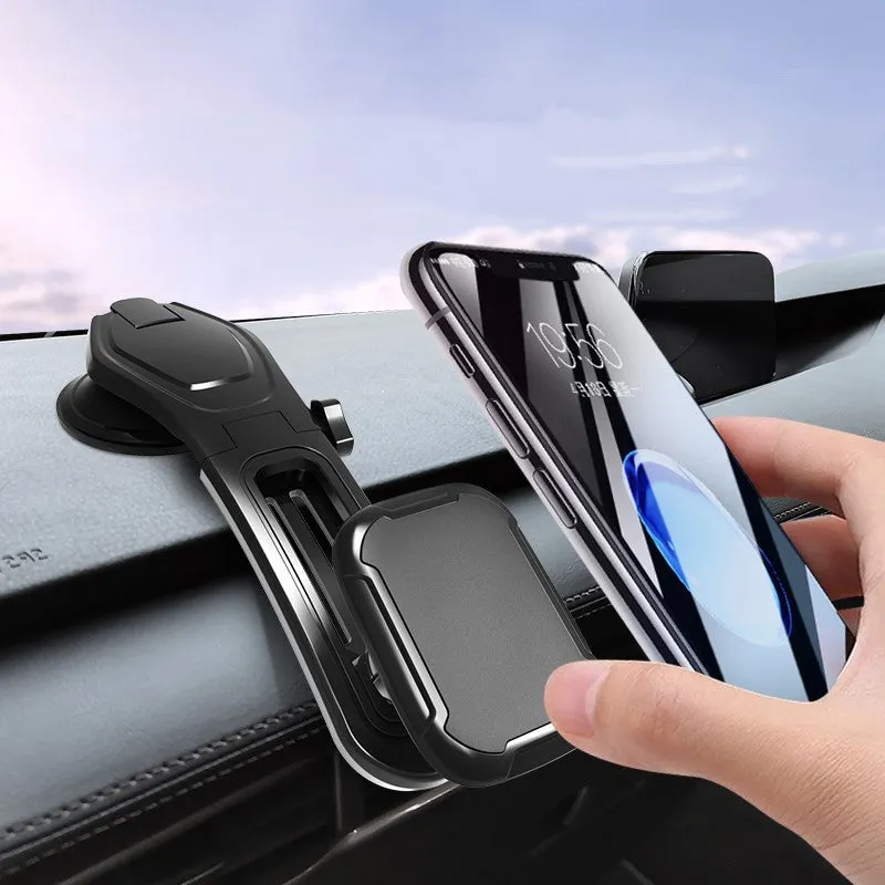 Black car centre console magnetic suction cup phone holder with slide rail and automatic lock mounted on dashboard