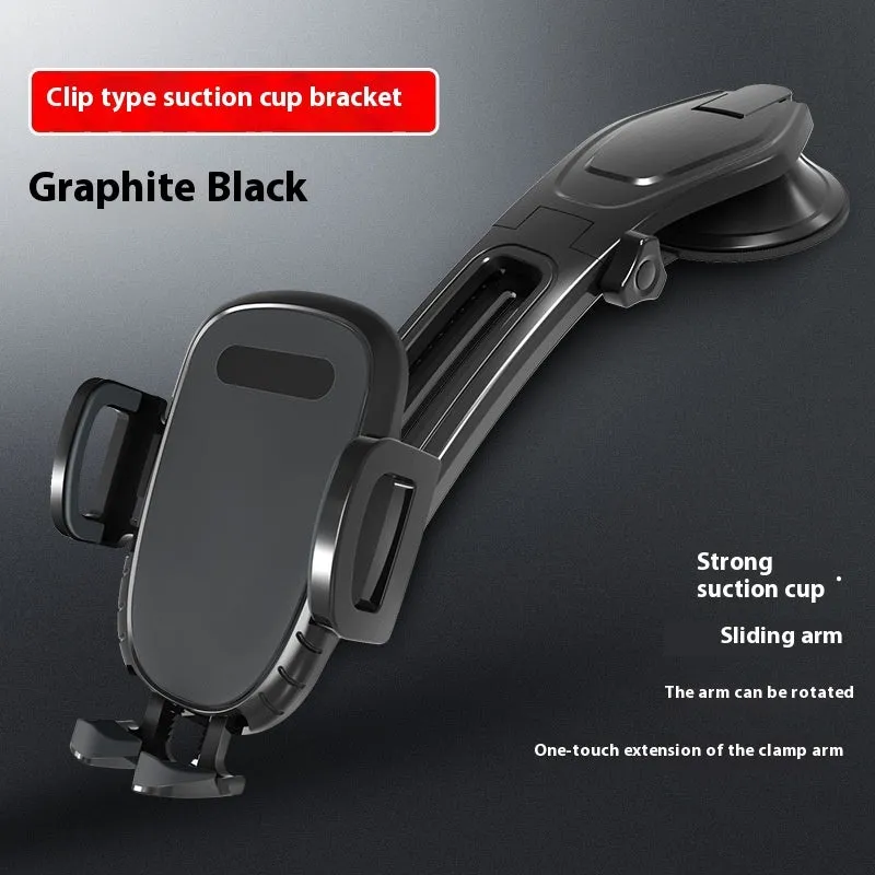 Black car centre console magnetic suction cup phone holder with slide rail and automatic lock mounted on dashboard