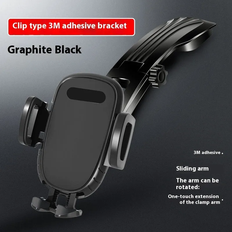 Black car centre console magnetic suction cup phone holder with slide rail and automatic lock mounted on dashboard