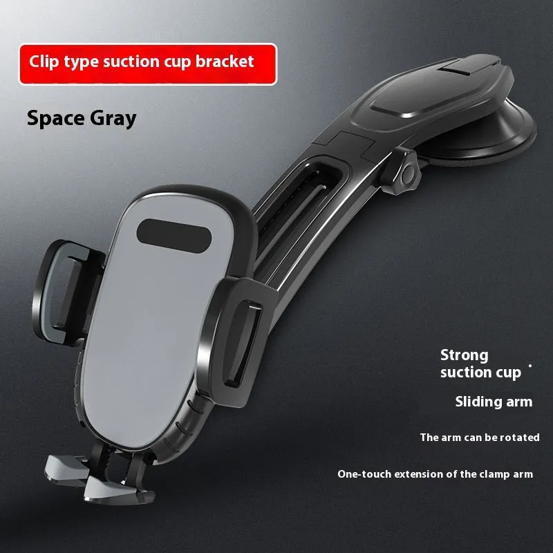 Black car centre console magnetic suction cup phone holder with slide rail and automatic lock mounted on dashboard