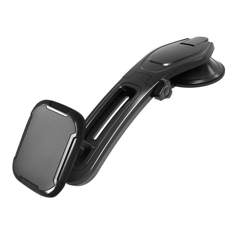 Black car centre console magnetic suction cup phone holder with slide rail and automatic lock mounted on dashboard