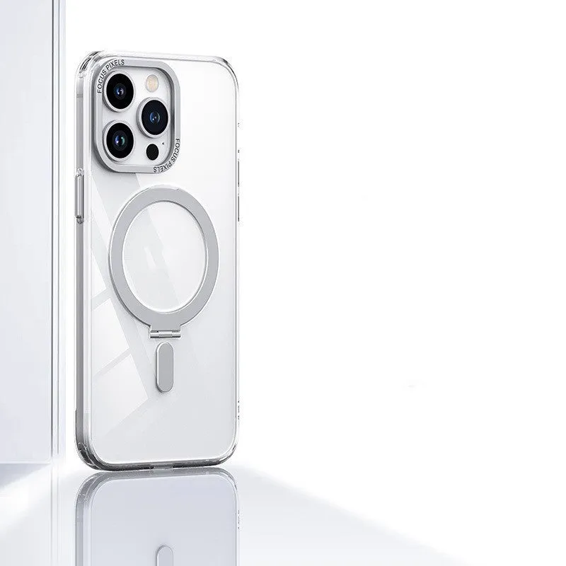 Magnetic phone case with invisible stand for iPhone 15 Pro Max in silver, showing bracket deployed