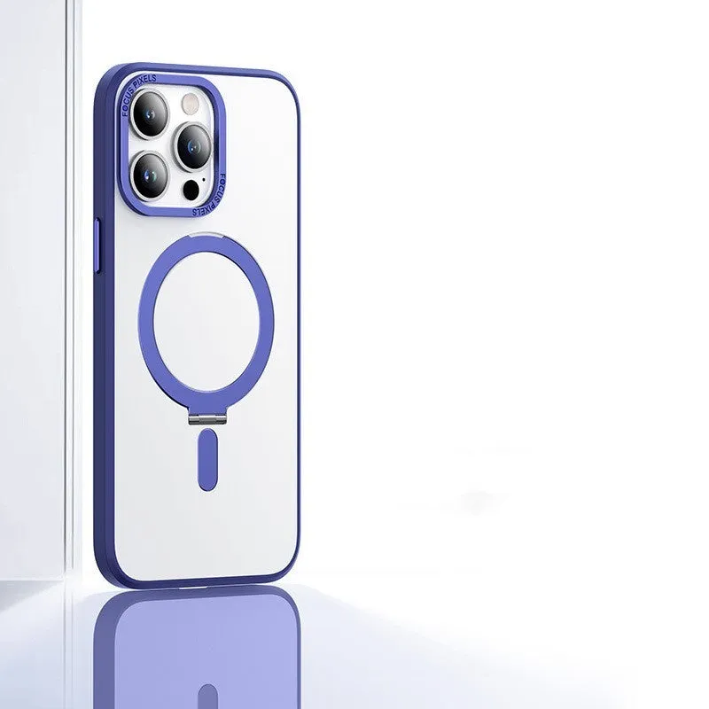 Magnetic phone case with invisible stand for iPhone 15 Pro Max in silver, showing bracket deployed