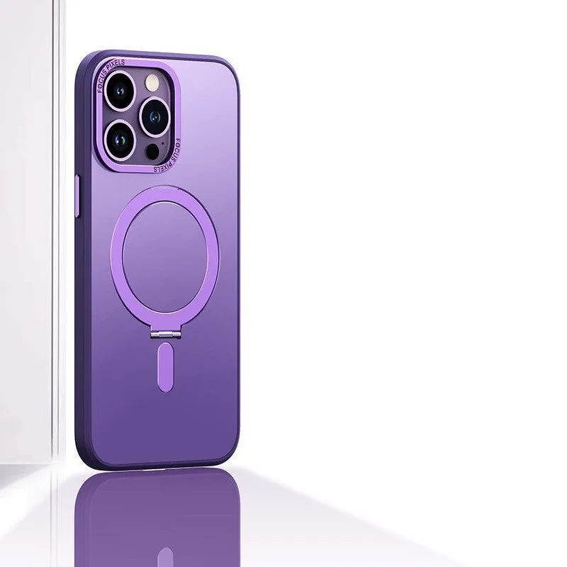Magnetic phone case with invisible stand for iPhone 15 Pro Max in silver, showing bracket deployed