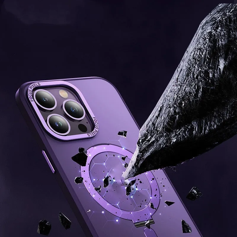Magnetic phone case with invisible stand for iPhone 15 Pro Max in silver, showing bracket deployed